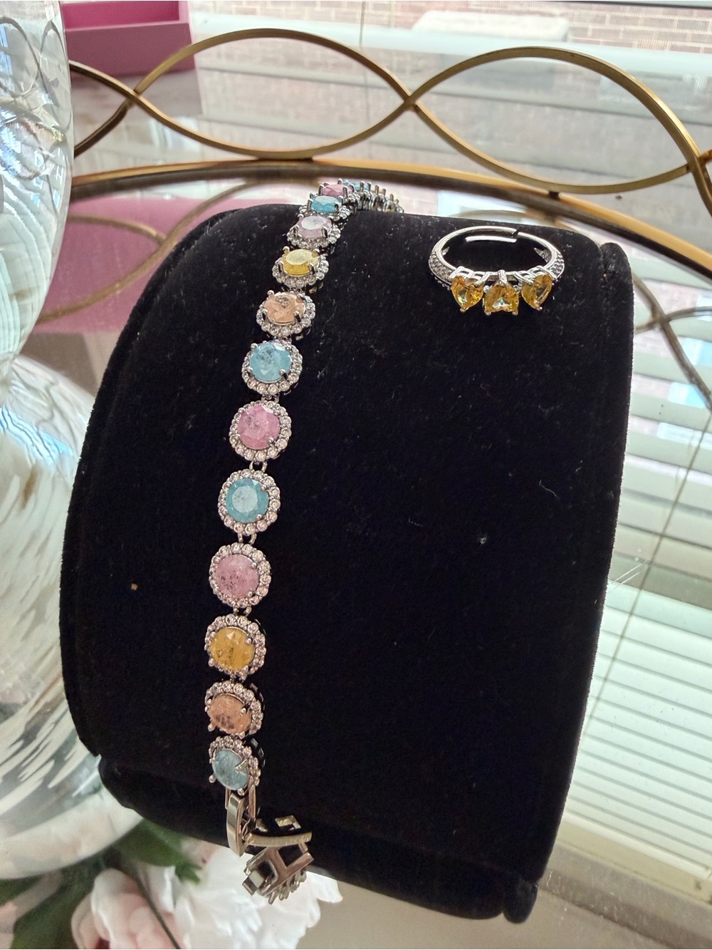 Multi-Color Crystal Tennis Bracelet and Citrine Accent Ring - Pink, Blue, Yellow
